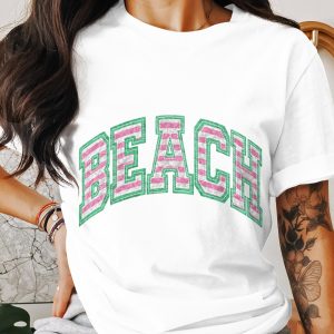Beach T-Shirt, Summer Vacation Tee, Pink Green Varsity Style, Trendy Beachy Shirt, Coastal Apparel, Relaxed Fit T Shirt