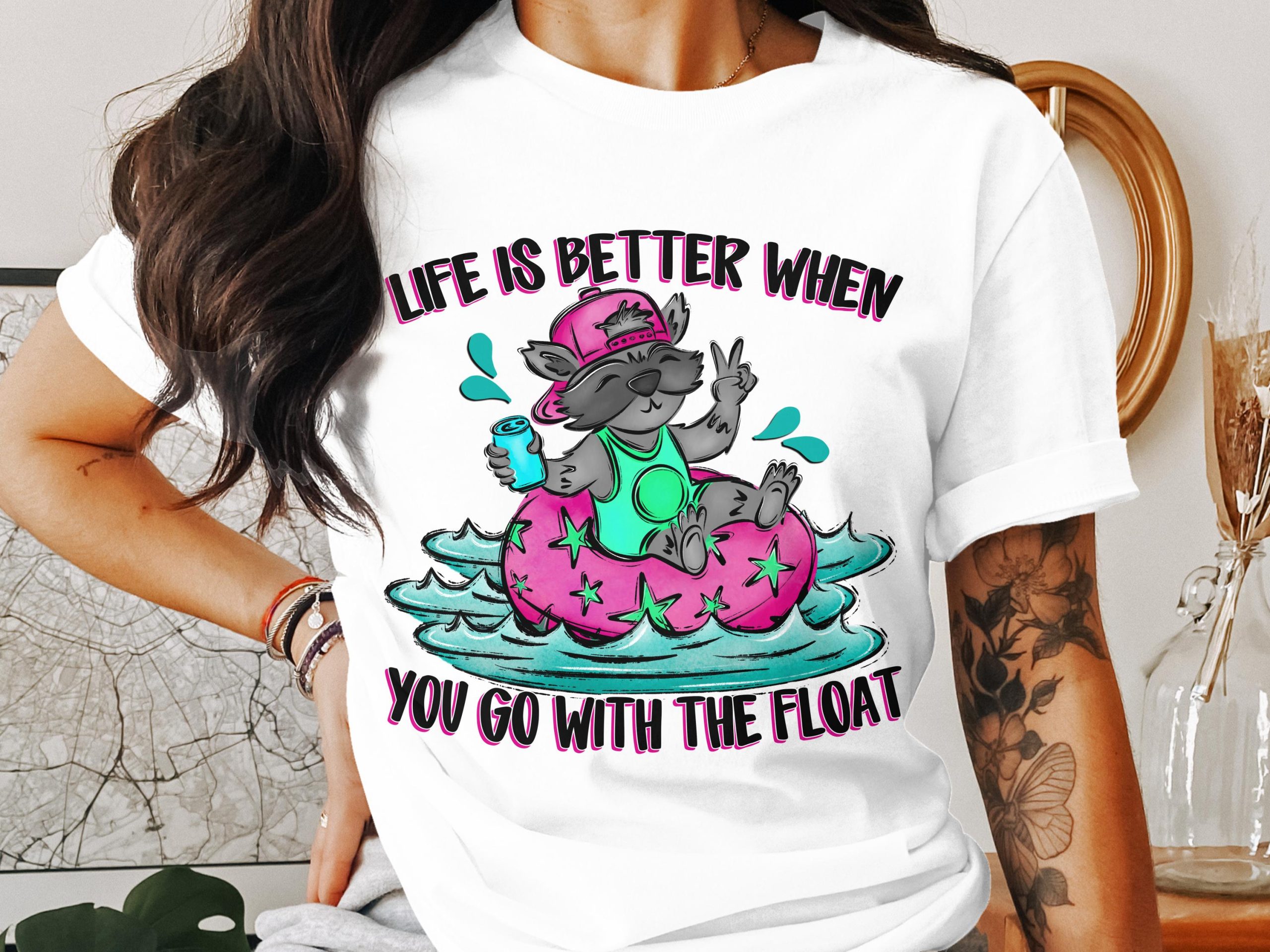 Life is Better T-Shirt, Funny Raccoon Tee, Floating T Shirt, Cute Animal Shirt, Relaxing Vibe T-Shirt, Unique Design T-Shirt