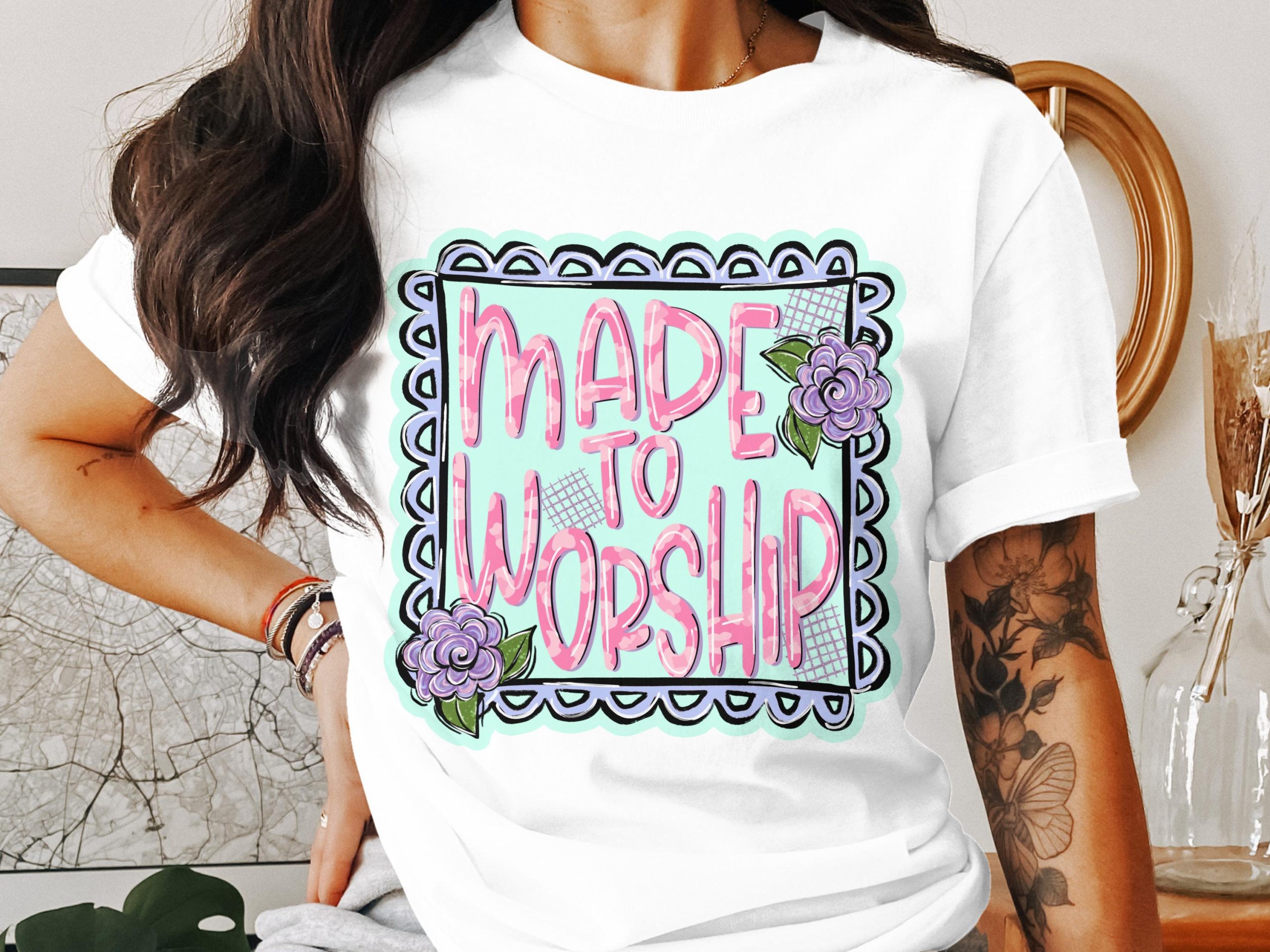 Made To Worship T-Shirt, Christian Tee, Religious T-Shirt, Floral Tee, Pink Lettering, Aesthetic Design, Trendy Shirt, Women's Apparel