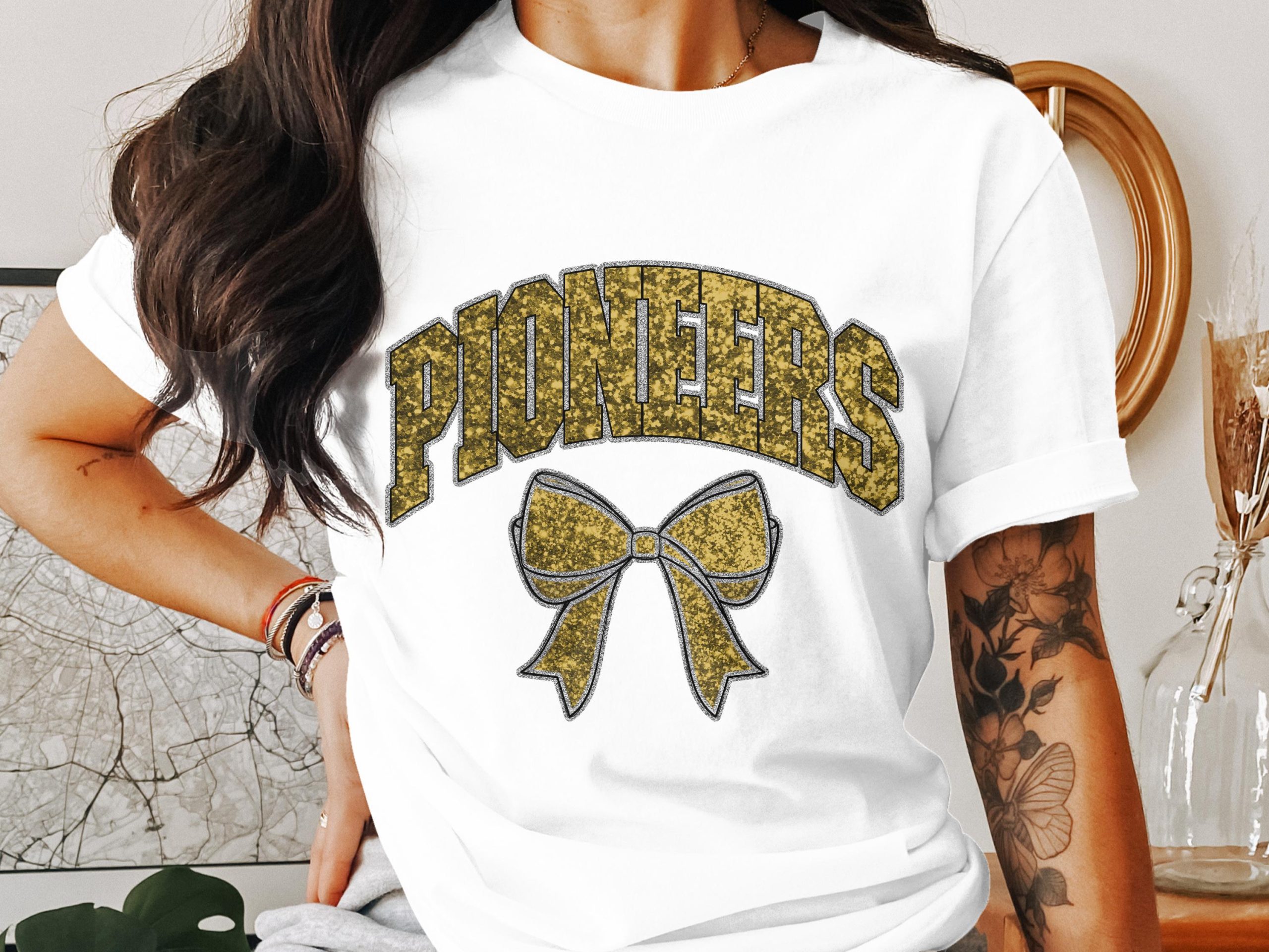 Pioneers T-Shirt, Glitter Bow, College Pride Tee, Team Spirit Apparel, Game Day Shirt, Gift for Student, School Support Clothing