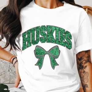 Huskies T-Shirt, Green Glitter Bow, College Team Spirit Tee, Game Day Shirt, University Apparel, Gift for College Student, Huskies Fan Shirt