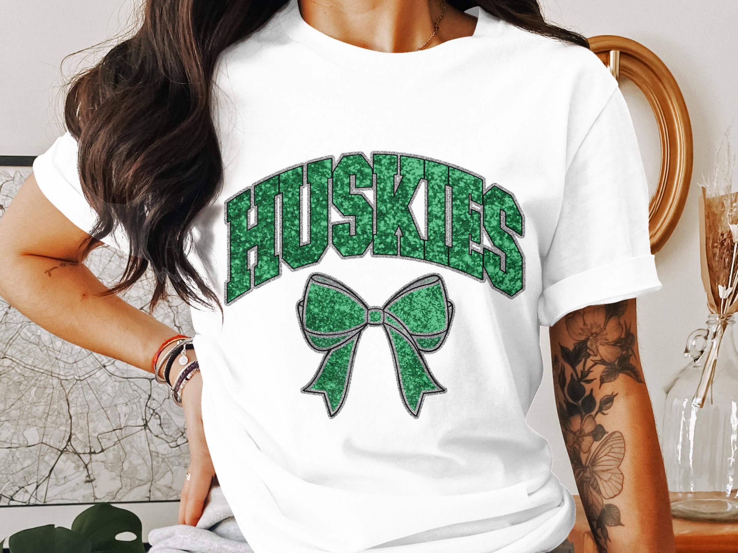 Huskies T-Shirt, Green Glitter Bow, College Team Spirit Tee, Game Day Shirt, University Apparel, Gift for College Student, Huskies Fan Shirt