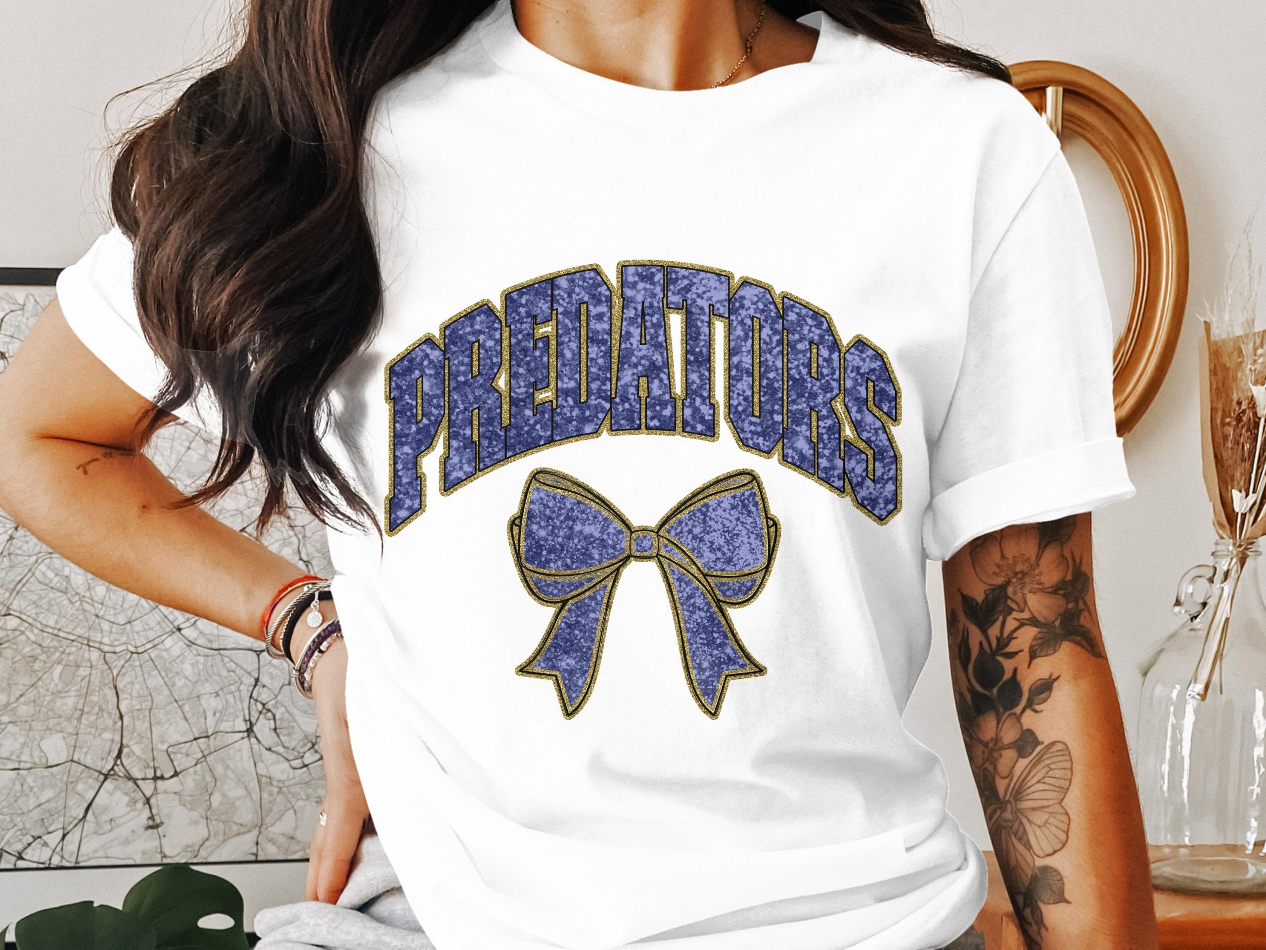 Predators T-Shirt, Bow Graphic Tee, Game Day Shirt, Sport Fan Apparel, Purple and Gold Shirt, Stylish T-Shirt Design, Fashionable T-Shirt