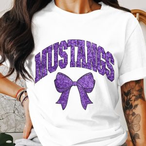 Mustangs T-Shirt, Purple Bow, School Spirit Tee, Game Day Shirt, Trendy Tee, Casual Style T-Shirt