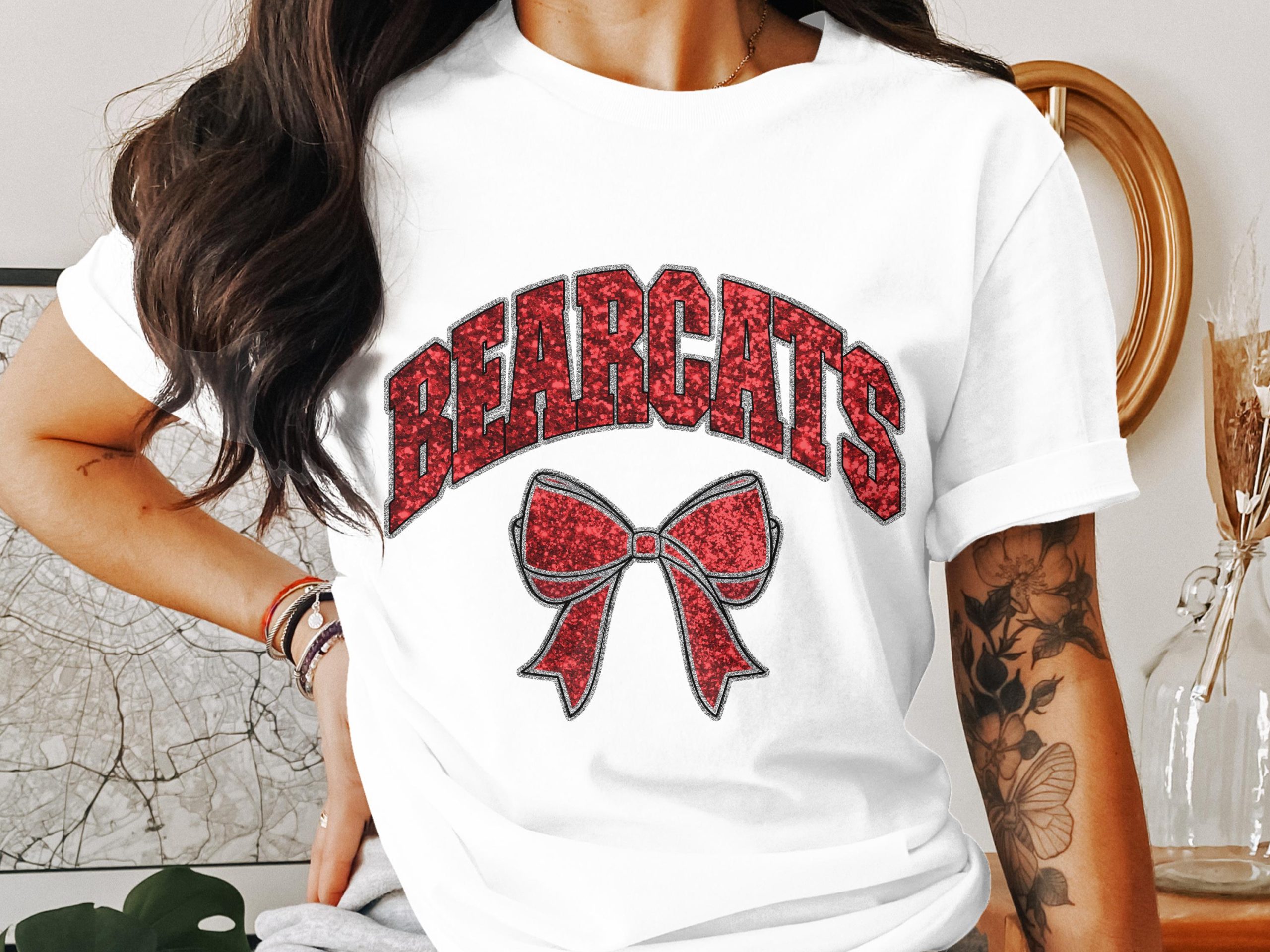 Bearcats Graphic T Shirt, Red Glitter Bow Tee, Game Day Apparel, University Fan Gift, Team Spirit Shirt, College Student Style