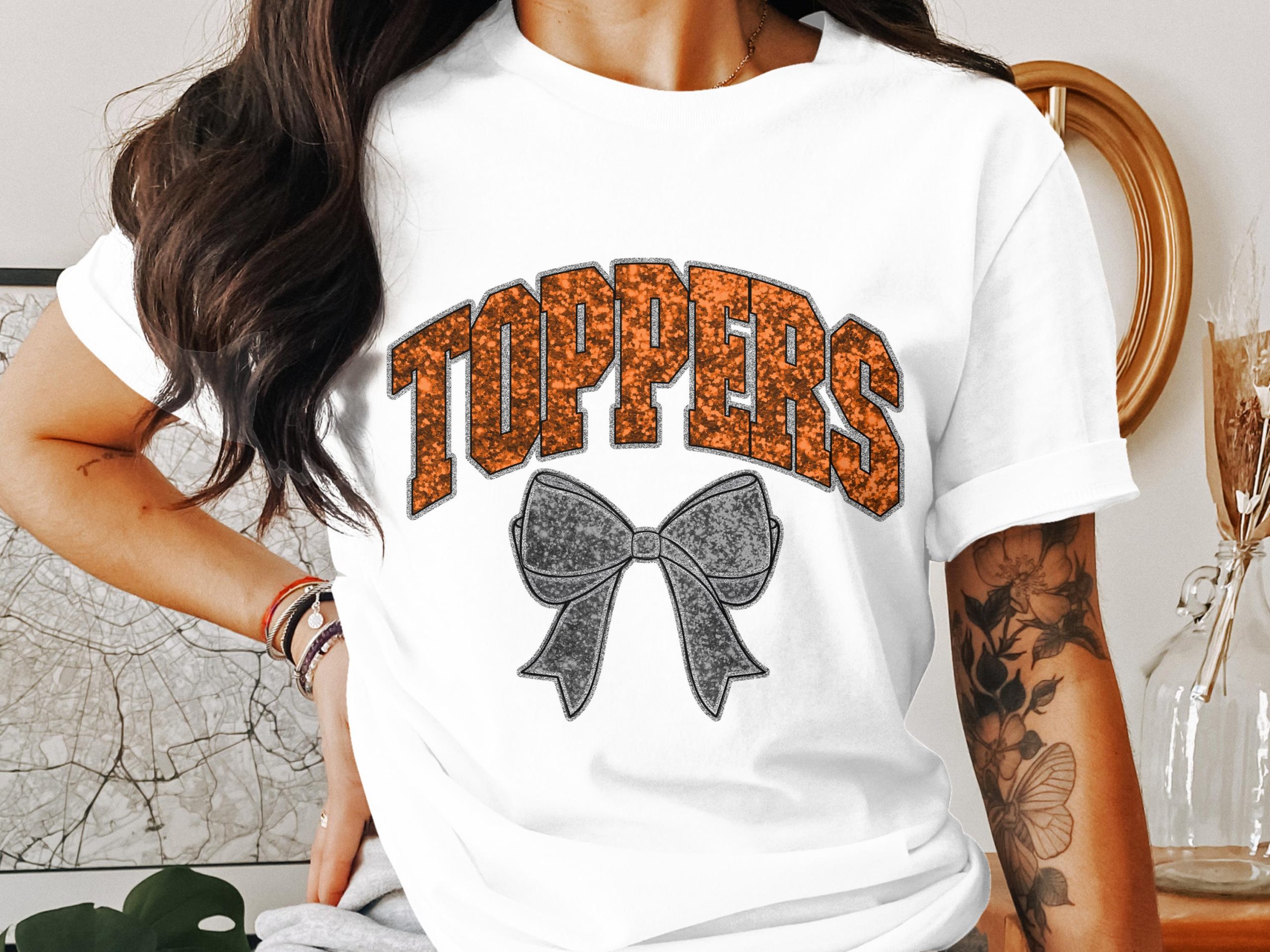 Toppers Bow T-Shirt, School Spirit Tee, Team Pride Shirt, Fan Apparel, Sparkle Design, Custom T-Shirt, Unique Gift Idea