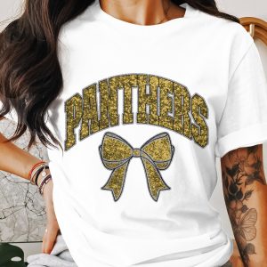 Panthers T Shirt, School Spirit Tee, Gold Glitter Bow Shirt, Team Pride Apparel, Game Day Outfit, Fan Gear, Cute Sports T-Shirt