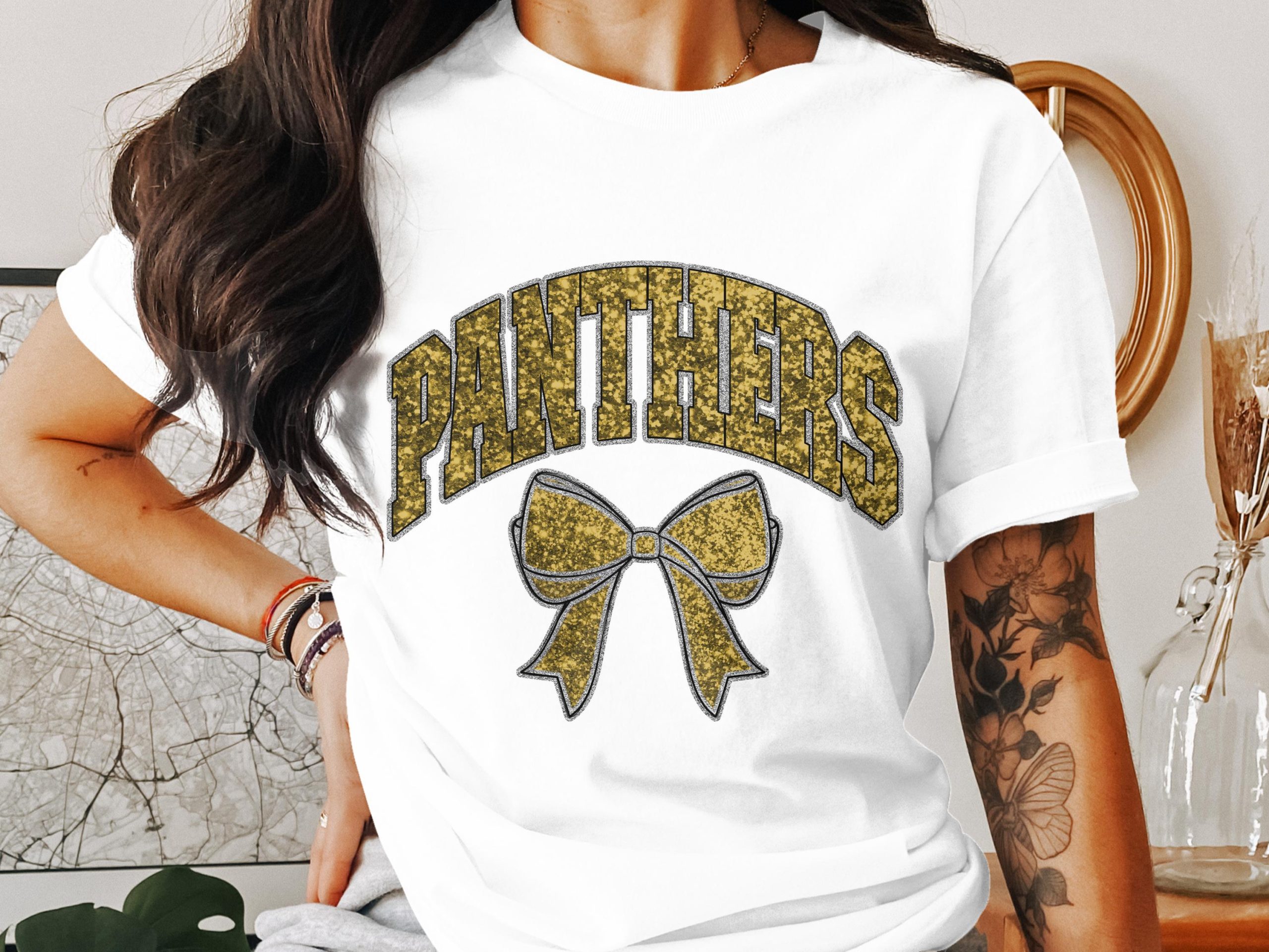 Panthers T Shirt, School Spirit Tee, Gold Glitter Bow Shirt, Team Pride Apparel, Game Day Outfit, Fan Gear, Cute Sports T-Shirt