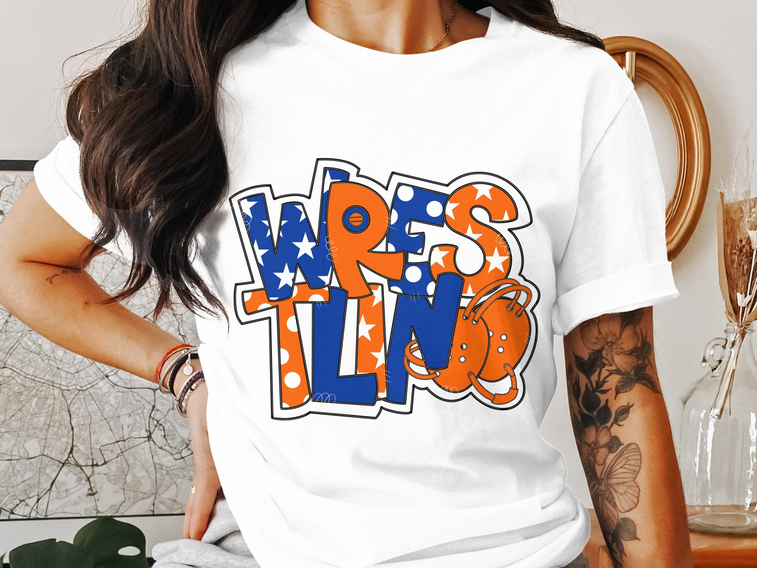 Wrestling T-Shirt, Collegiate Wrestling, Sports T-Shirt, Wrestler Gift, Tournament Tee, Fan Apparel, Wrestling Helmet Tee, Blue Orange