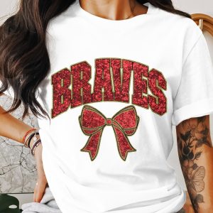 Braves Bow T Shirt, Team Spirit Tee, Glitter Design T Shirt, Sports Fan Gift T Shirt, Game Day Apparel T Shirt, Braves Fan T Shirt