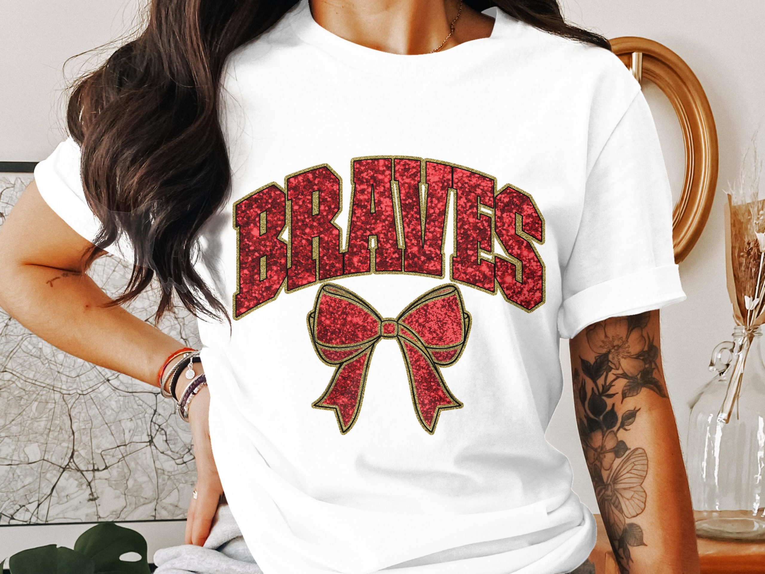 Braves Bow T Shirt, Team Spirit Tee, Glitter Design T Shirt, Sports Fan Gift T Shirt, Game Day Apparel T Shirt, Braves Fan T Shirt