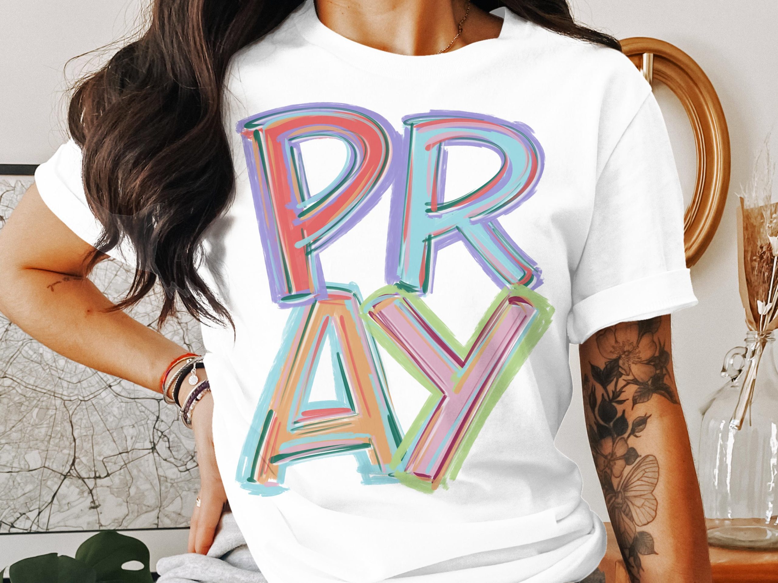Pray T-Shirt, Colorful Lettering, Christian Apparel, Inspirational Tee, Religious Gift, Faith Based Clothing, Graphic Tee