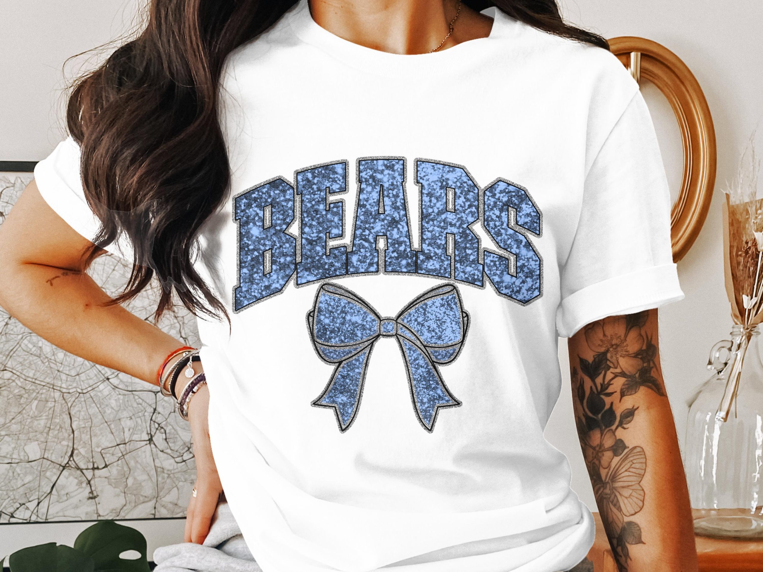 Bears Bow T-Shirt, Cute Cheerleader Tee, Team Spirit, Blue Sparkle Design, Game Day Apparel, School Pride, Trendy Gift Idea