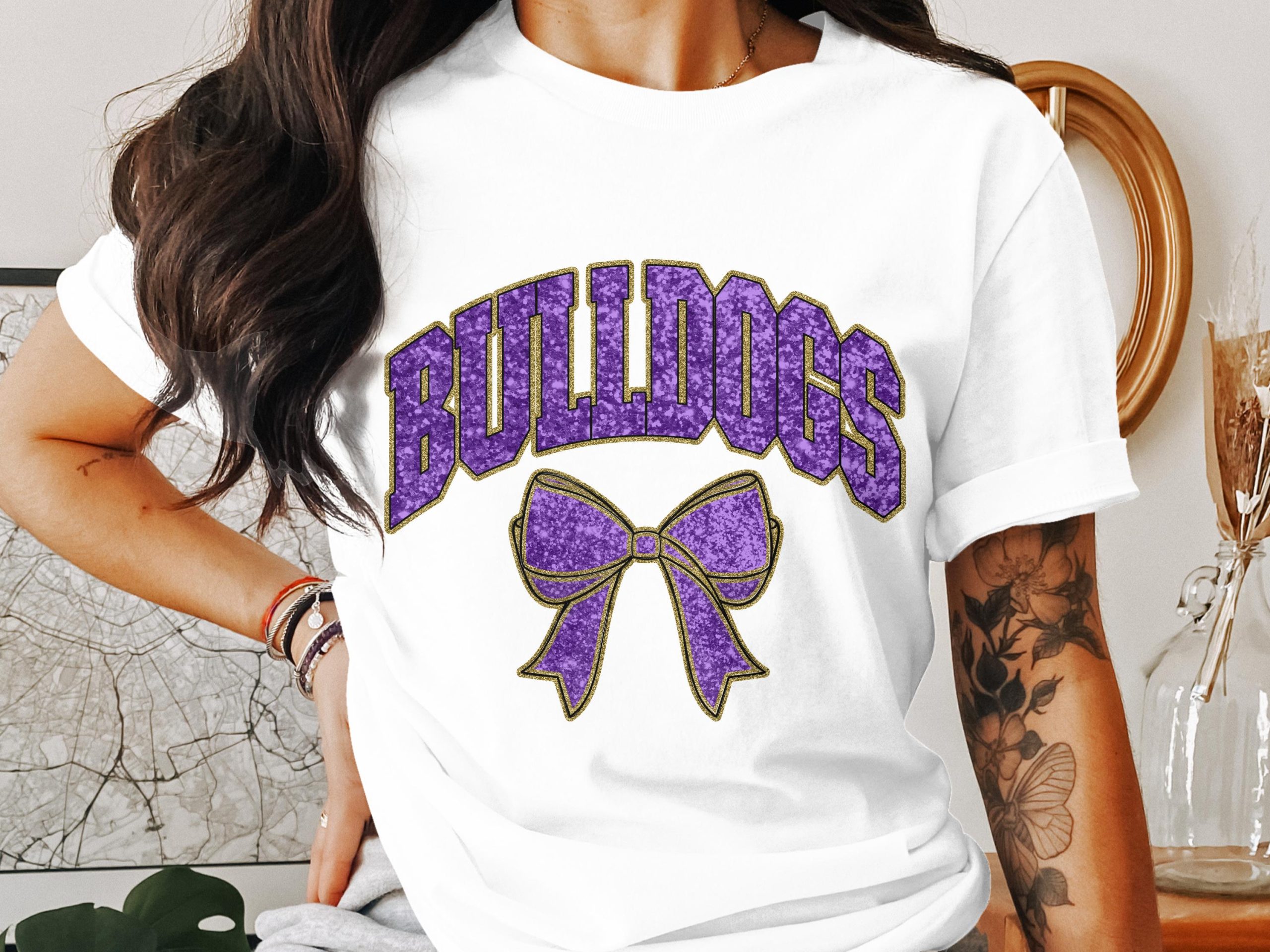 Bulldogs Glitter T-Shirt, Purple Bow Tee, Game Day Shirt, Cute Trendy Tee, School Spirit Shirt, Bulldogs Team, Sports Tee