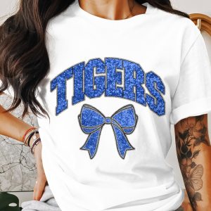 Tigers T-Shirt, Blue Glitter, Bow T Shirt, Team Spirit Top, Game Day Tee, School Pride Shirt, Tigers Fan Gift, Trendy Graphic Shirt