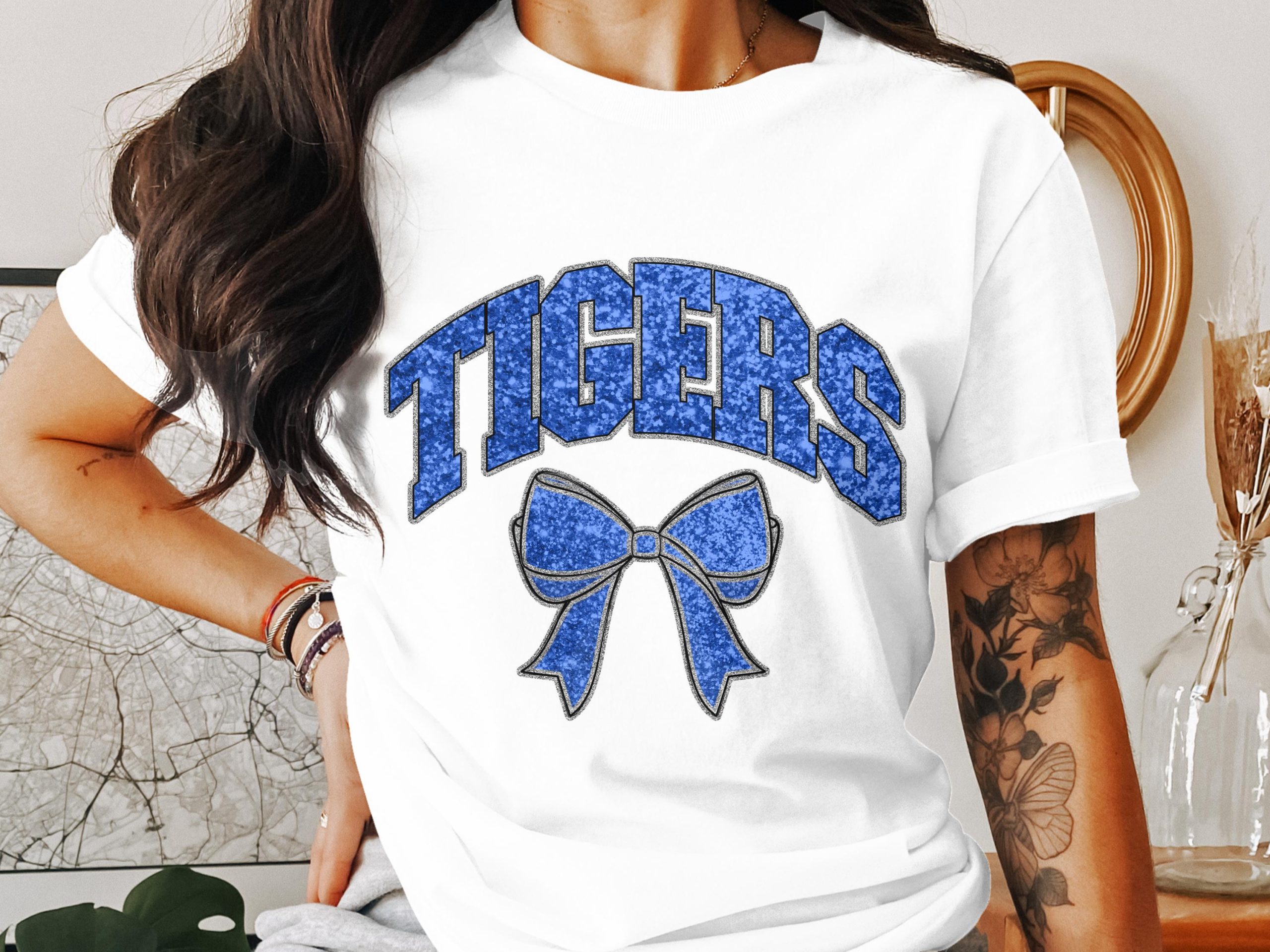 Tigers T-Shirt, Blue Glitter, Bow T Shirt, Team Spirit Top, Game Day Tee, School Pride Shirt, Tigers Fan Gift, Trendy Graphic Shirt