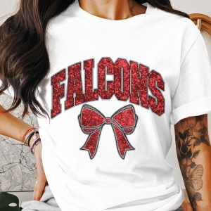 Falcons T-Shirt, Game Day Tee, Bow Design Shirt, Team Spirit Apparel, Sporty Gift, Red Glitter, Stylish Outfit, Trendy Fashion, Women T