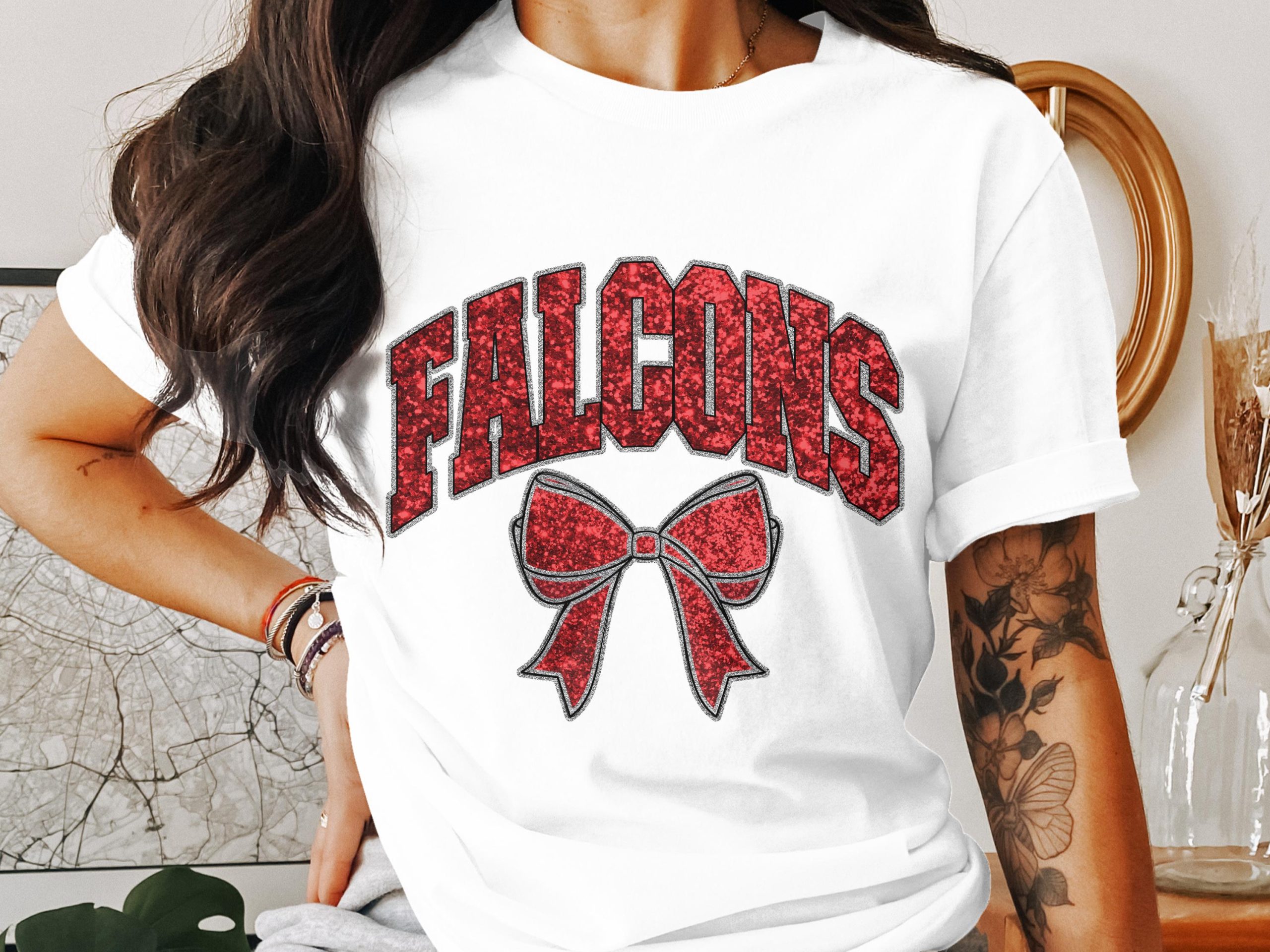 Falcons T-Shirt, Game Day Tee, Bow Design Shirt, Team Spirit Apparel, Sporty Gift, Red Glitter, Stylish Outfit, Trendy Fashion, Women T
