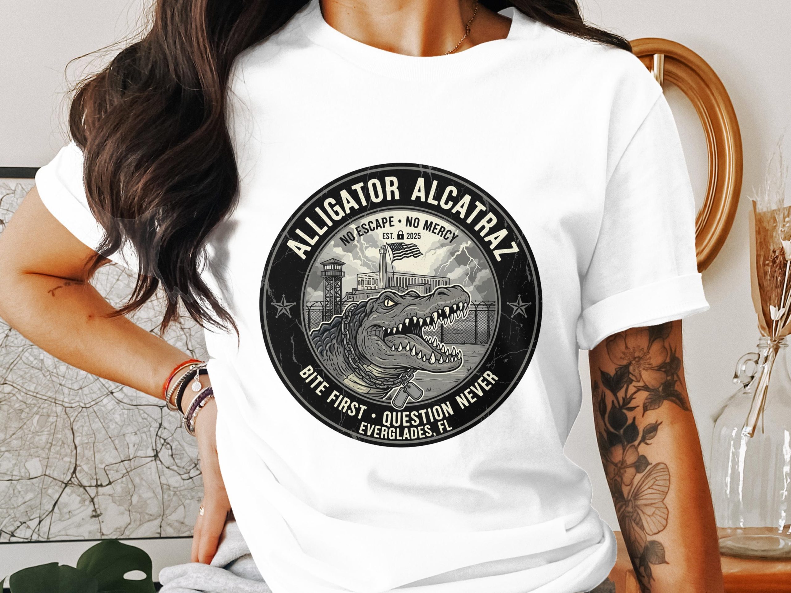 Alligator Alcatraz T-Shirt, Everglades FL Tee, Funny Animal Tee, No Escape T Shirt, Men Women Shirt, Graphic Tshirt, USA Flag Tee
