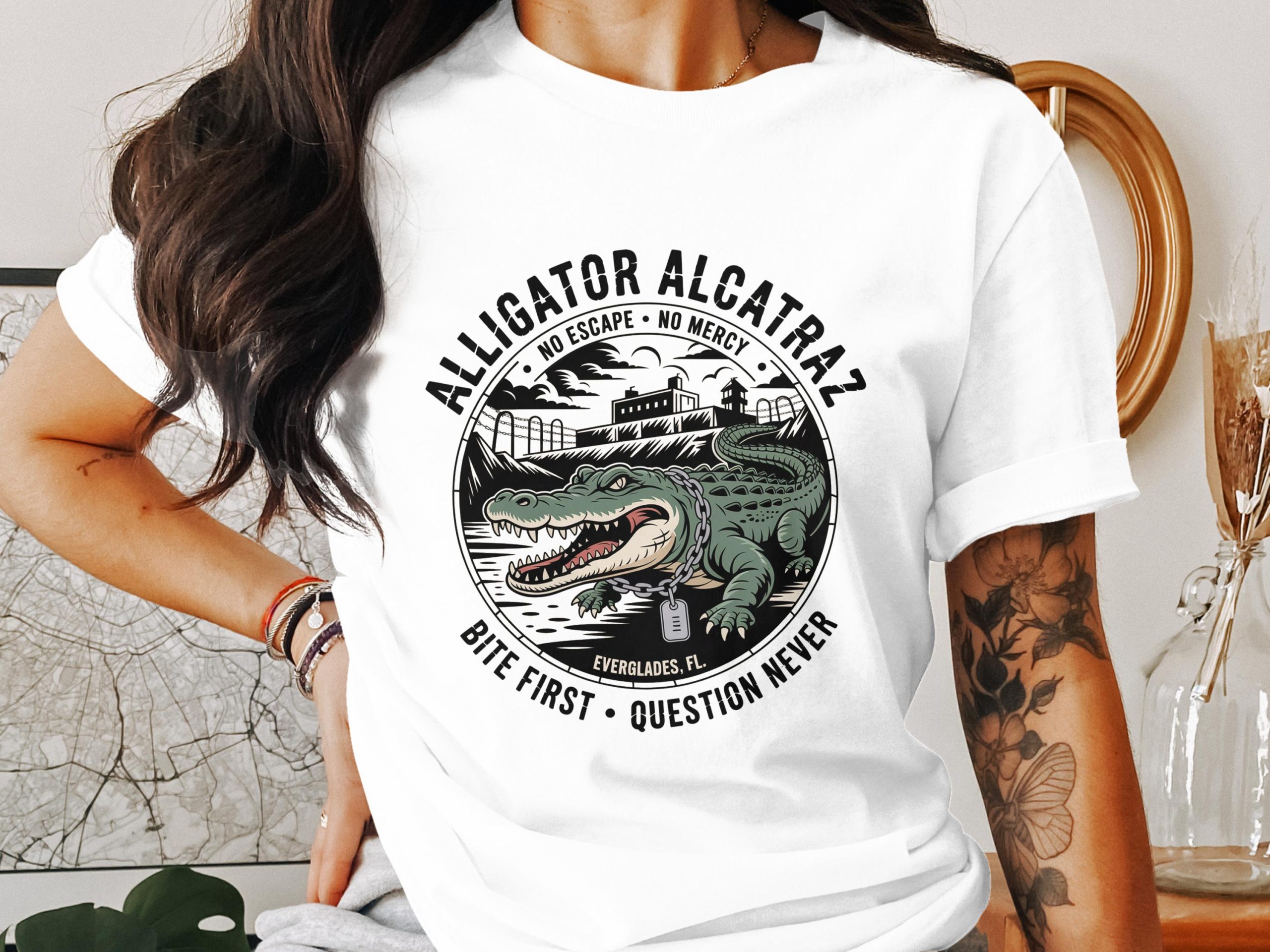 Alligator Alcatraz T-Shirt, Everglades Florida Tee, Bite First Question Never, Funny Animal Tee, Graphic T-Shirt, Cool T-Shirt