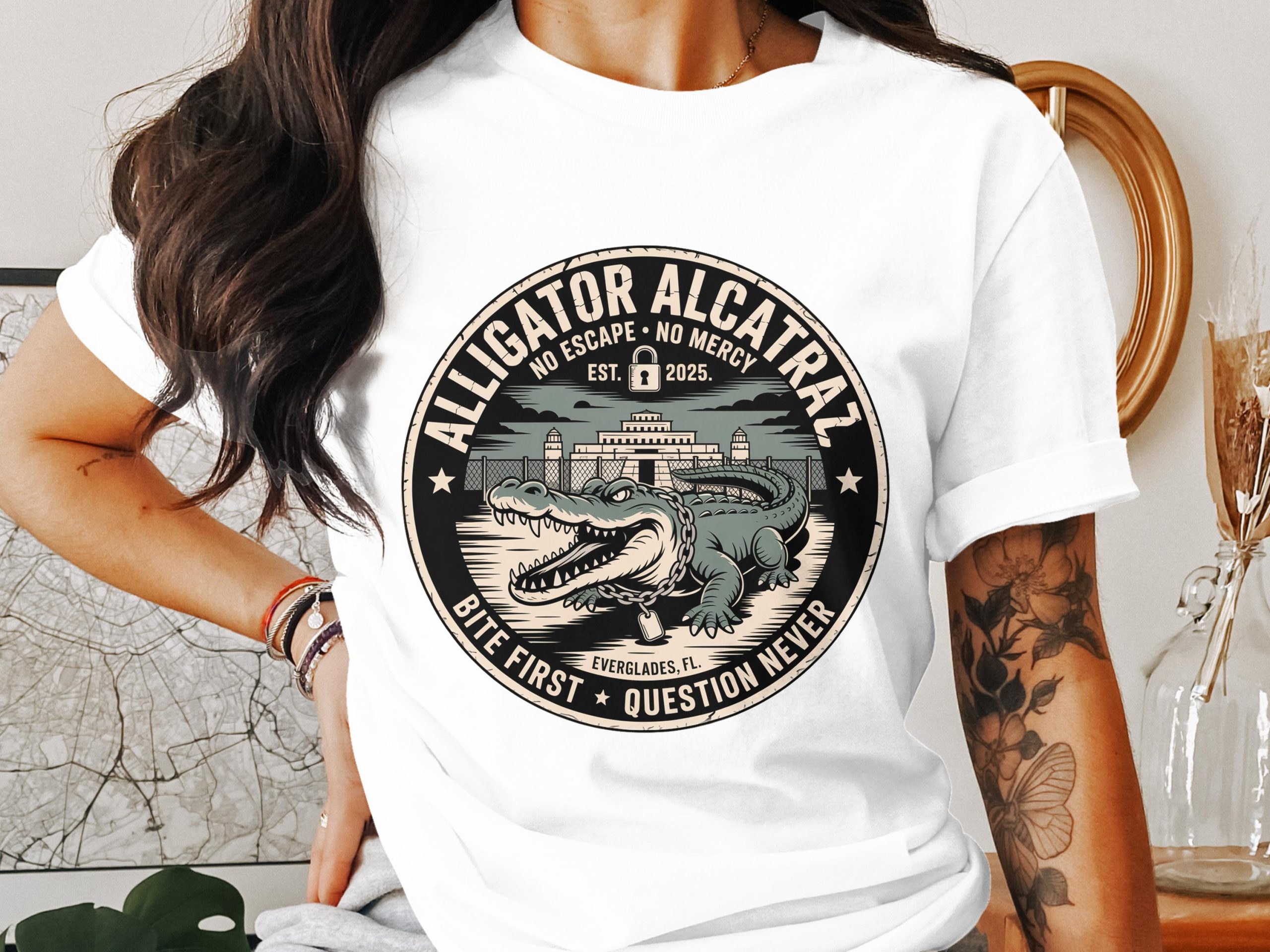 Alligator Alcatraz T-Shirt, Everglades Design, No Escape Tee, Bite First, Unique Graphic, Trendy T-Shirts, Cool Alligator, Florida Shirt