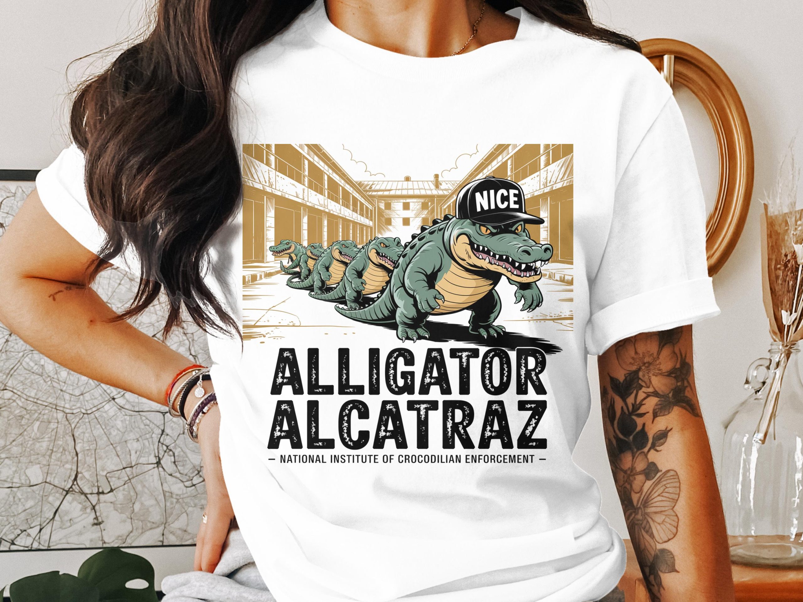 Alligator Alcatraz T-Shirt, Crocodile Graphic Tee, Funny Reptile Shirt, Cool Animal Design, Unique Pun Apparel