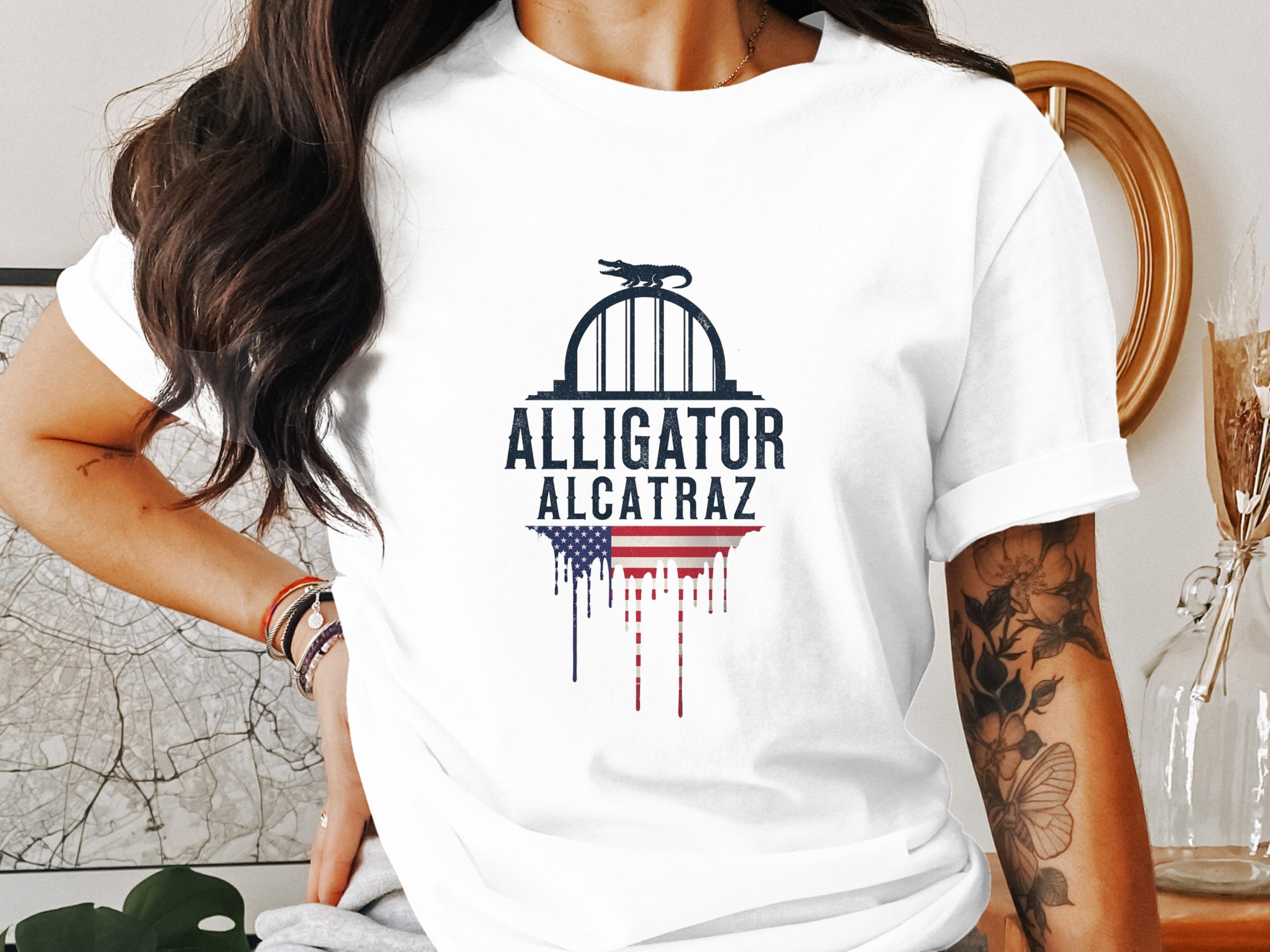 Alligator Alcatraz T-Shirt, American Flag Drip, USA Pride Tee, Patriotic Alligator, Unique Design T-Shirt, Unisex Fashion Top