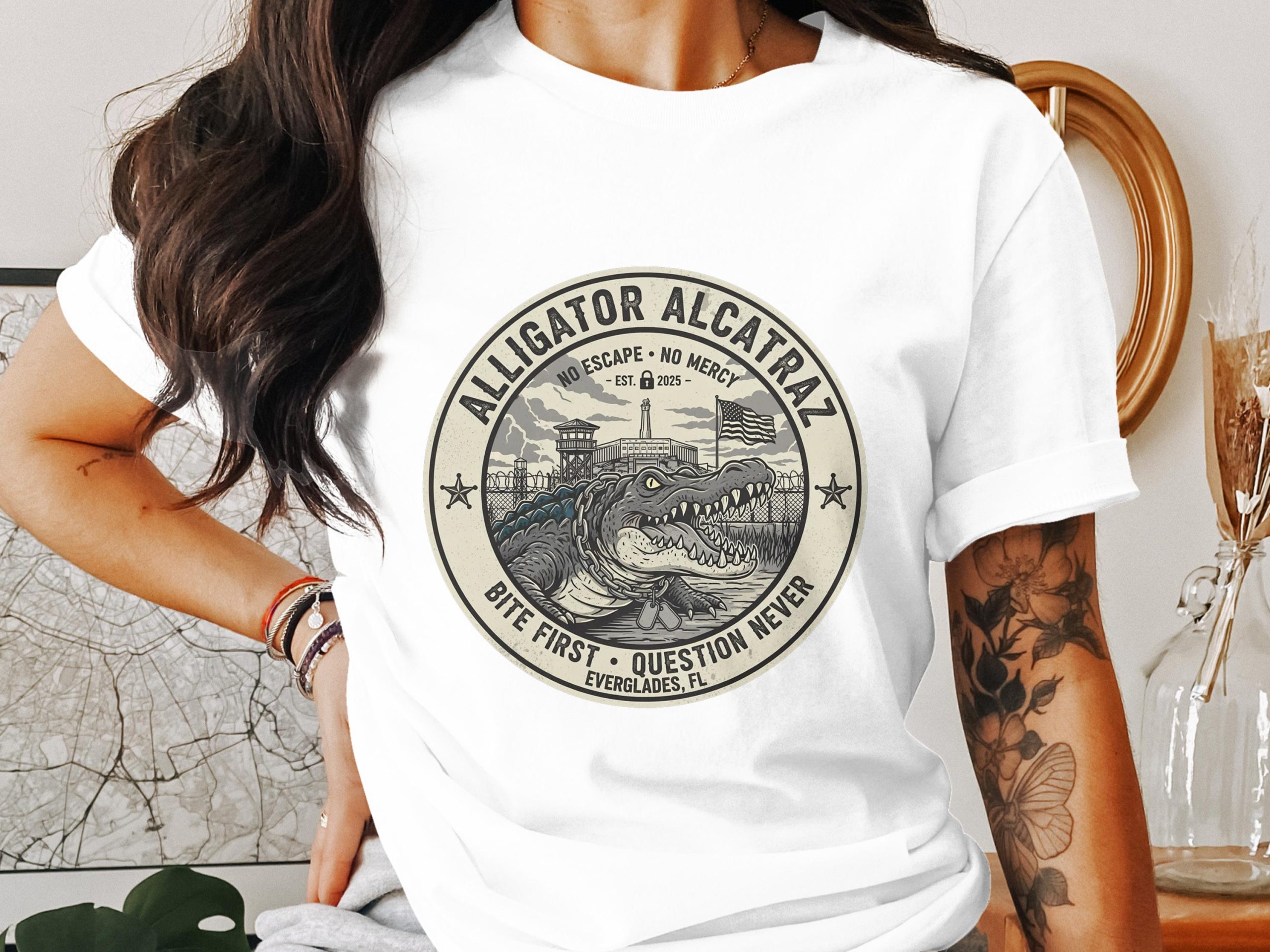 Alligator Alcatraz T-Shirt, Everglades Gator Tee, Florida Alligator, No Escape, Bite First, Question Never, Prison Design