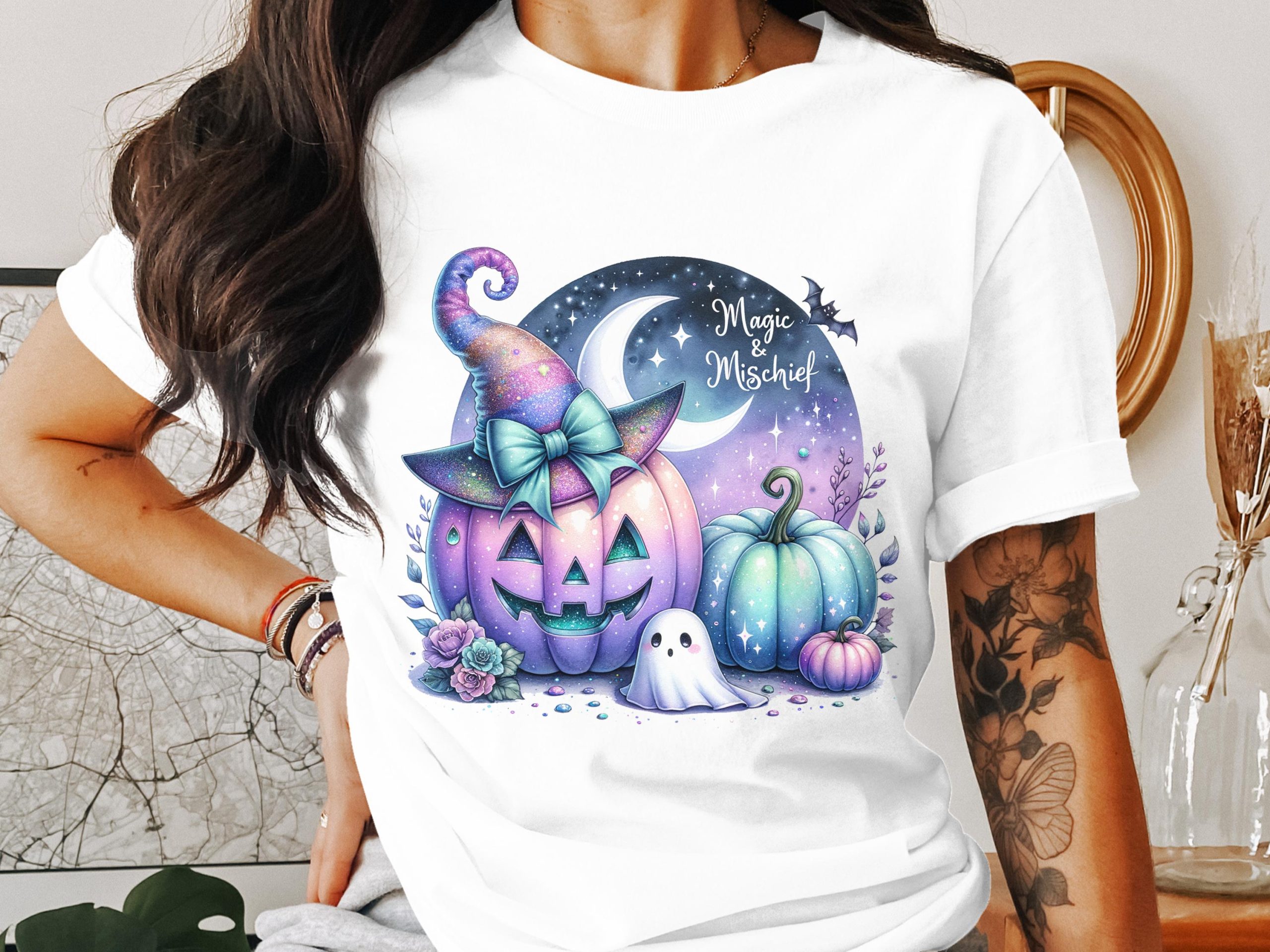 Halloween T-Shirt, Magic and Mischief, Witch Hat Pumpkin, Ghost, Spooky Season, Cute Halloween Costume, Fall Apparel, Holiday Tee