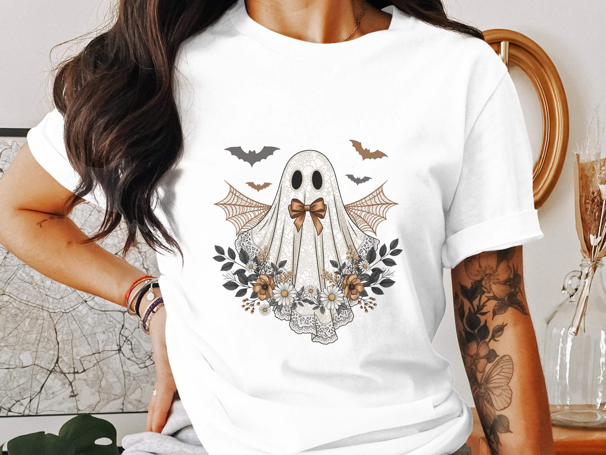 Floral Ghost T-Shirt, Spooky Season Tee, Cute Halloween Shirt, Bats Graphic Shirt, Autumn Apparel, Trendy Fall Outfit