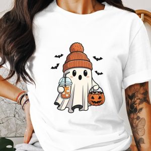 Cute Ghost T-Shirt, Halloween Apparel, Spooky Season Tee, Kawaii Ghost, Pumpkin and Bat Design, Holiday Shirt