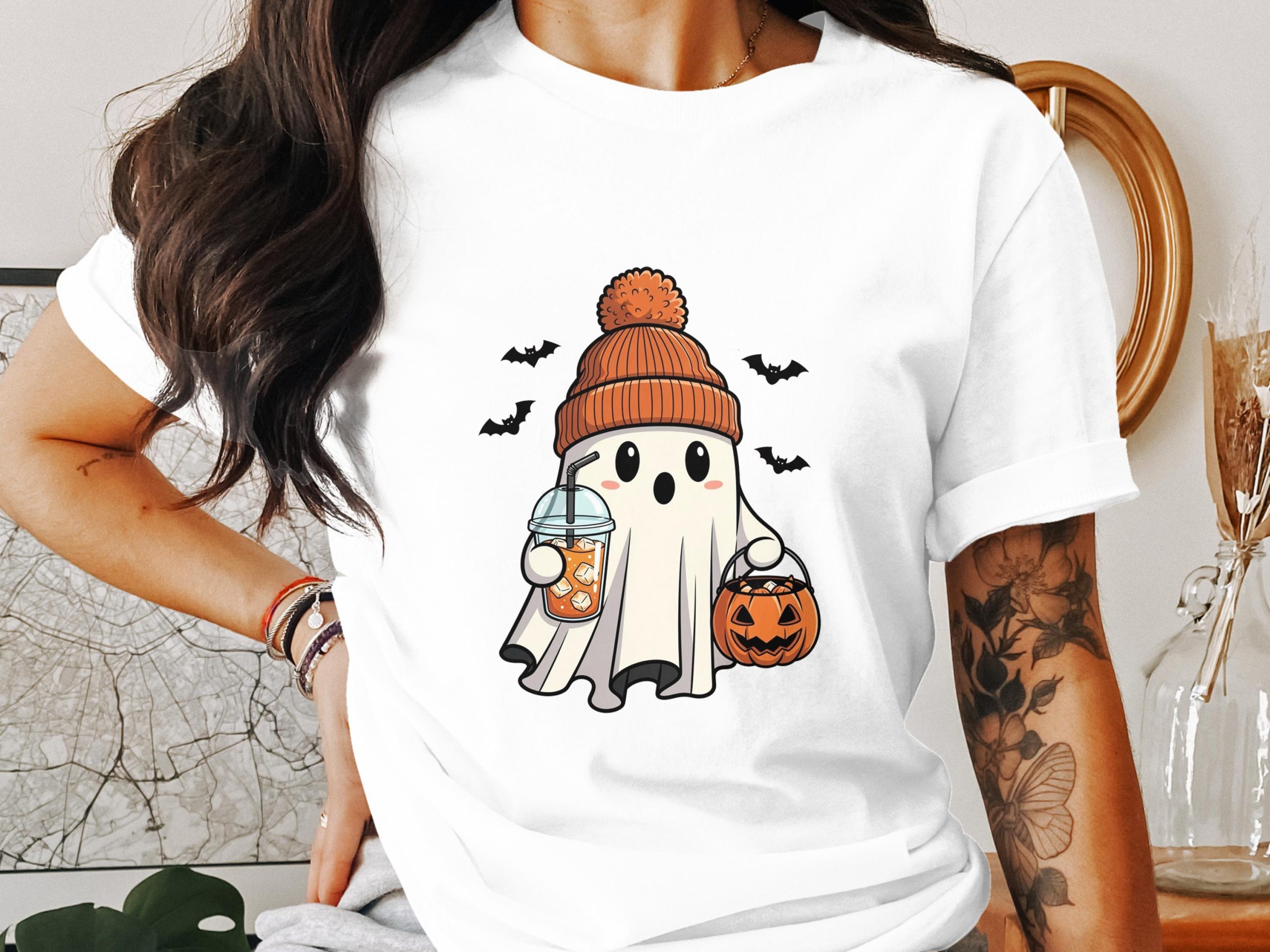 Cute Ghost T-Shirt, Halloween Apparel, Spooky Season Tee, Kawaii Ghost, Pumpkin and Bat Design, Holiday Shirt