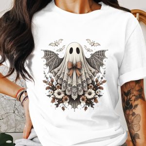Floral Ghost T-Shirt, Halloween Costume Tee, Spooky Season Apparel, Bats and Webs Design, Cute Ghost Shirt, Autumn Fashion, Trendy Top