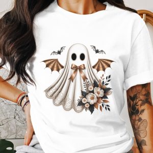 Spooky Season T-Shirt, Floral Ghost Shirt, Halloween T-Shirt, Fall Shirt, Cute Ghost T-Shirt, Ghost with Bats, Party Shirt, Costume Shirt