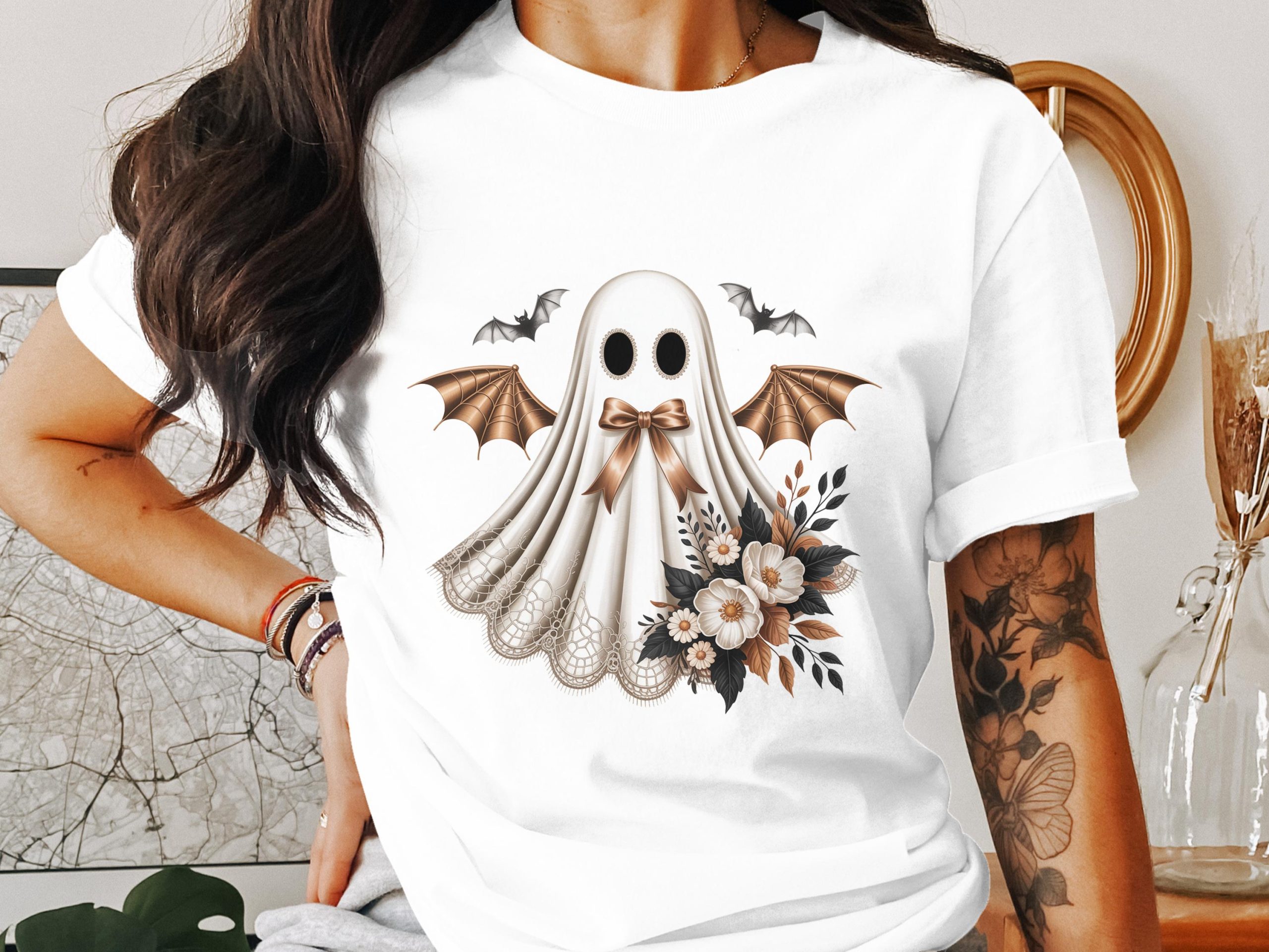 Spooky Season T-Shirt, Floral Ghost Shirt, Halloween T-Shirt, Fall Shirt, Cute Ghost T-Shirt, Ghost with Bats, Party Shirt, Costume Shirt