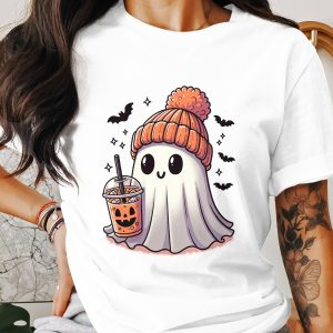 Cute Halloween Ghost T-Shirt, Spooky Season Shirt, Kawaii Ghost Tee, Trendy Fall Apparel, Ghost with Boba Shirt