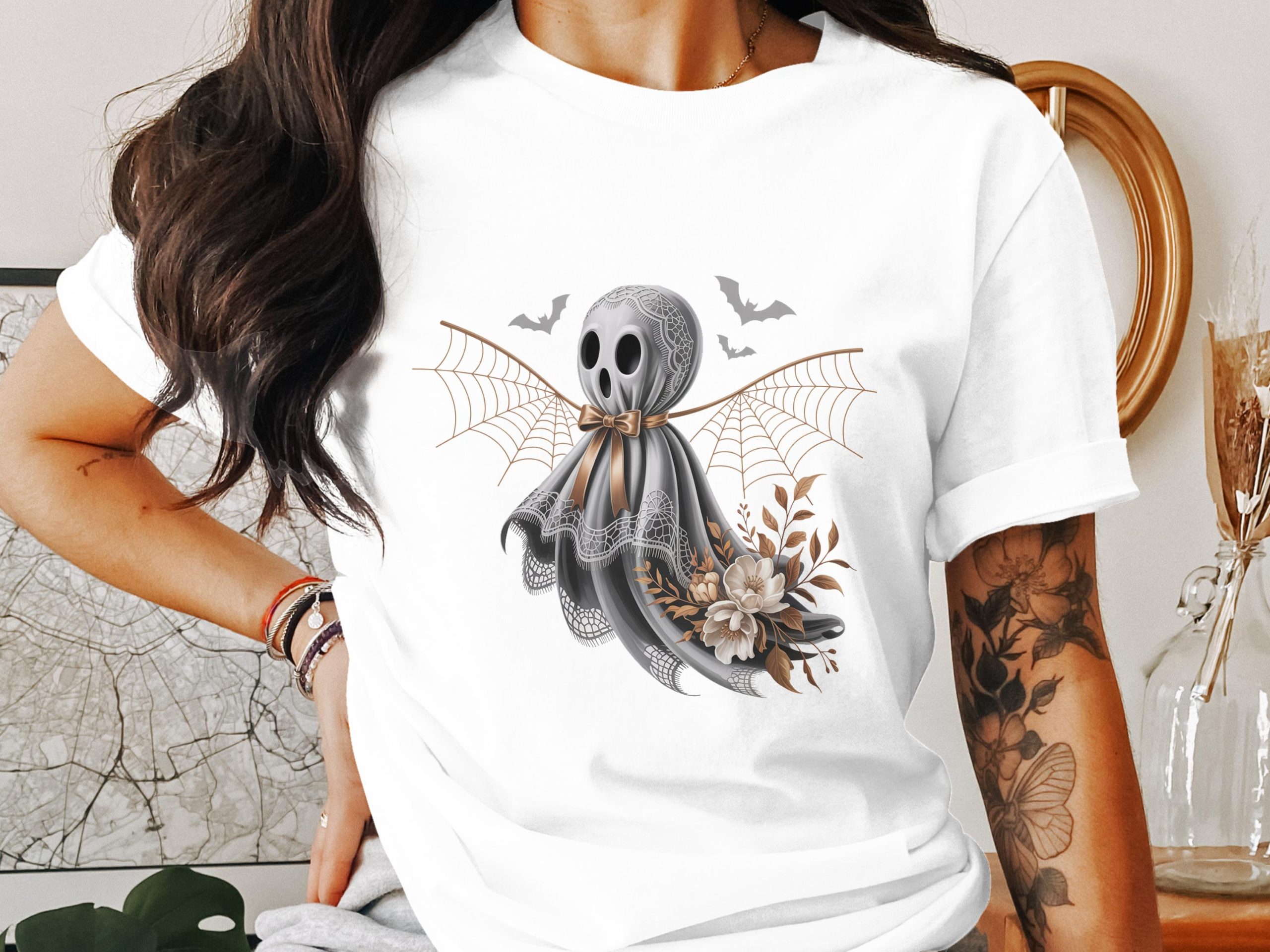 Spooky Ghost T-Shirt, Halloween T-Shirt, Floral Ghost Tee, Cute Ghost Shirt, Women's Ghost Apparel, Graphic T-Shirt, Fall T-Shirt
