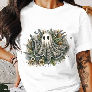 Floral Ghost T-Shirt, Halloween Tee, Spooky Season Apparel, Cute Ghost Shirt, Trendy T-Shirt, Gift Idea, Ghost with Flowers T-Shirt