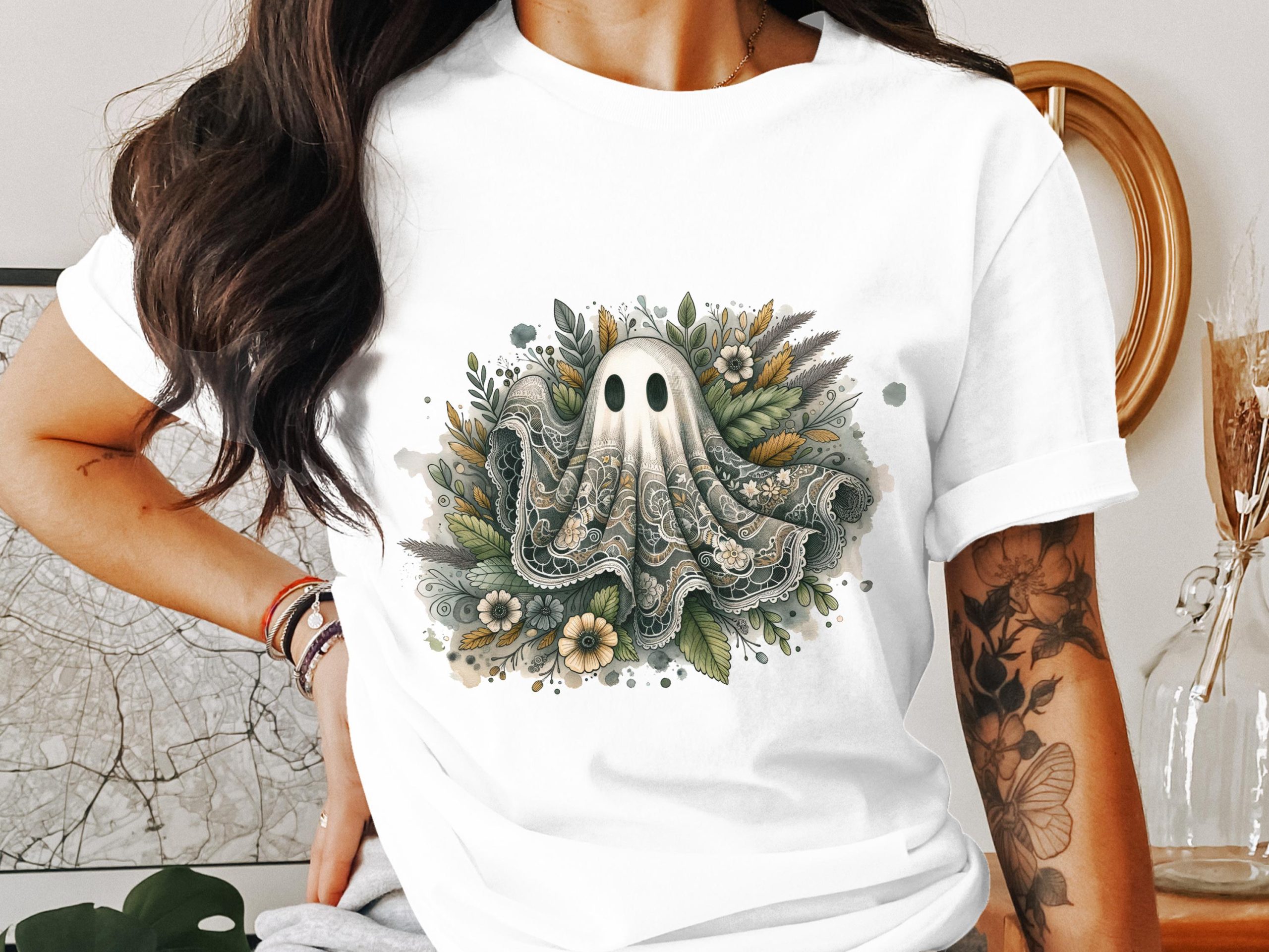 Floral Ghost T-Shirt, Halloween Tee, Spooky Season Apparel, Cute Ghost Shirt, Trendy T-Shirt, Gift Idea, Ghost with Flowers T-Shirt