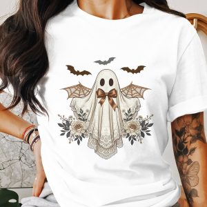 Floral Ghost T Shirt, Cute Spooky Tee, Halloween Apparel, Vintage Ghost Bats Shirt, Trendy Spooky Season Clothing, Gift for Ghost Lovers