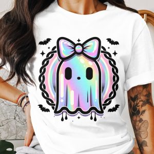 Cute Ghost T Shirt, Kawaii Halloween Tee, Pastel Goth Apparel, Spooky Season Top, Trendy Ghost with Bow, Aesthetic Ghost Shirt