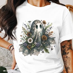 Floral Ghost T-Shirt, Spooky Season Shirt, Halloween Tee, Cute Ghost Design, Botanical Ghost Shirt, Autumn Apparel, Ghost Lover Gift