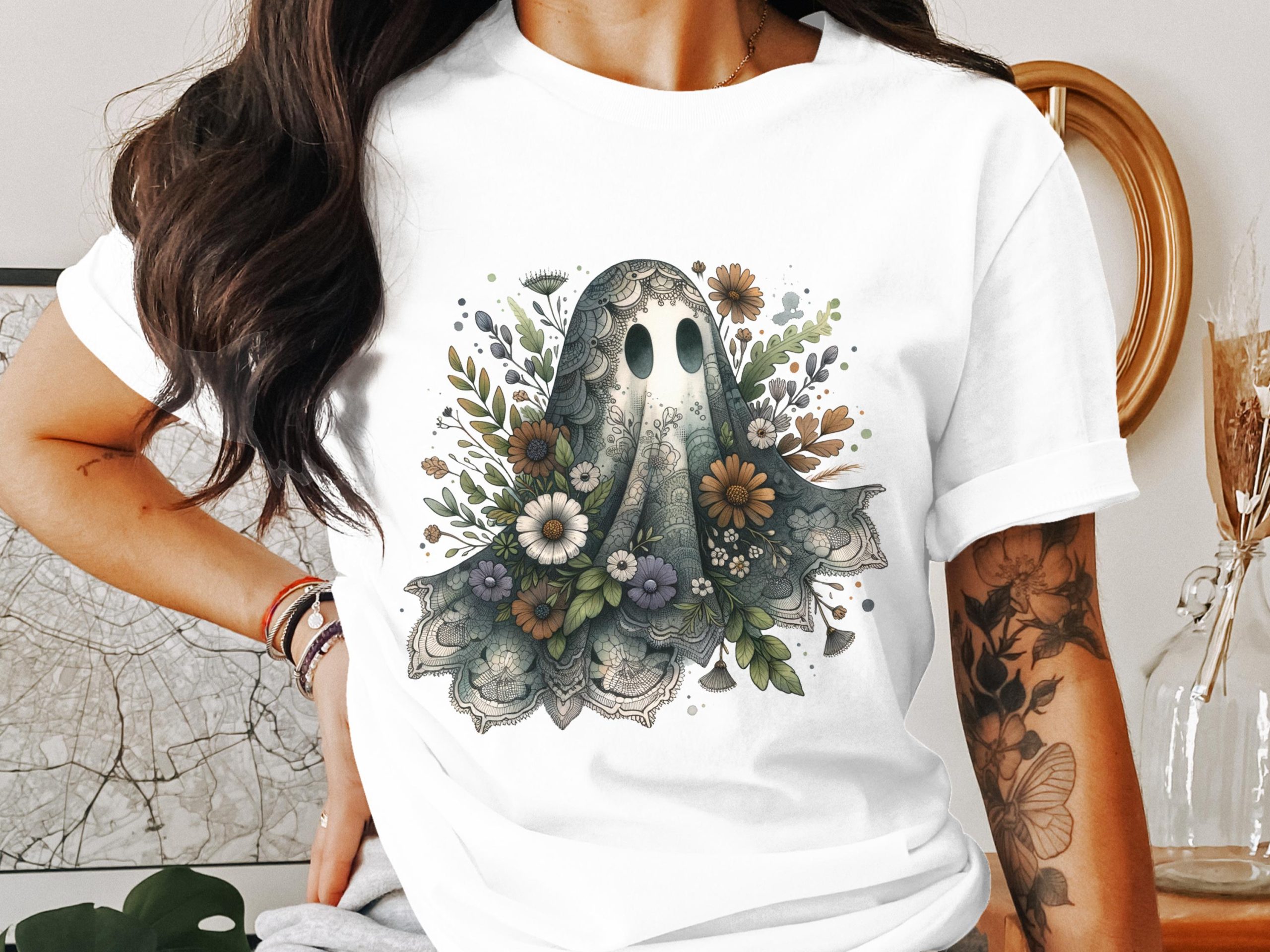 Floral Ghost T-Shirt, Spooky Season Shirt, Halloween Tee, Cute Ghost Design, Botanical Ghost Shirt, Autumn Apparel, Ghost Lover Gift