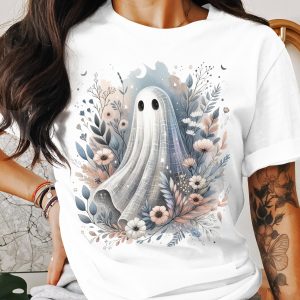 Floral Ghost T-Shirt, Spooky Season Tee, Cute Ghost Shirt, Pastel Goth Apparel, Halloween Gift, Flower Graphic Top, Trendy Ghost Design