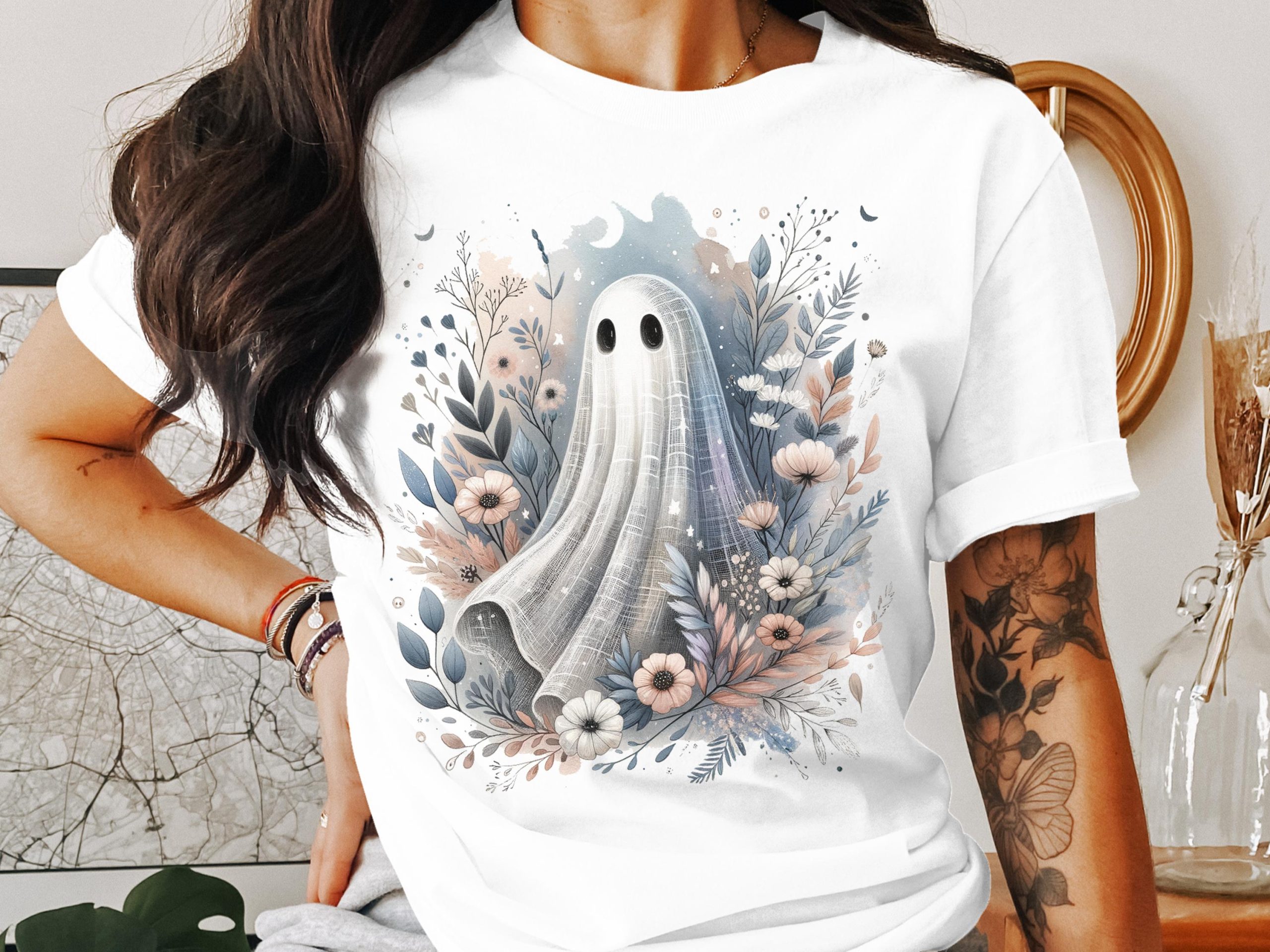Floral Ghost T-Shirt, Spooky Season Tee, Cute Ghost Shirt, Pastel Goth Apparel, Halloween Gift, Flower Graphic Top, Trendy Ghost Design
