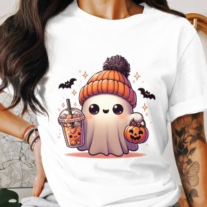Cute Ghost T-Shirt, Halloween Shirt, Spooky Season, Fall Apparel, Kawaii Ghost, Pumpkin, Bubble Tea, Bats T-Shirt