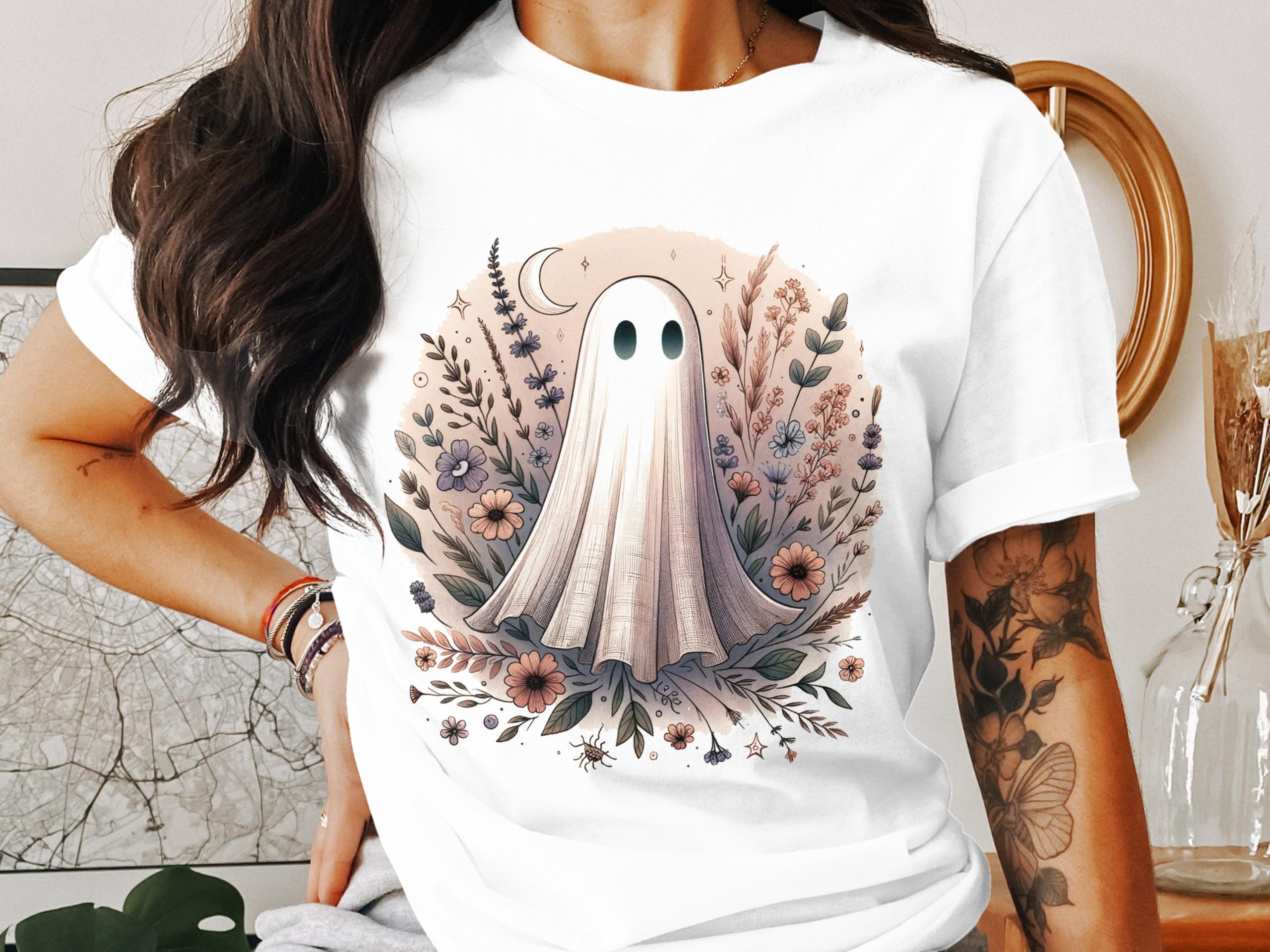 Floral Ghost T-Shirt, Spooky Season Apparel, Cute Ghost Design, Halloween T Shirt, Botanical Ghost Tee, Trendy Fall T Shirt