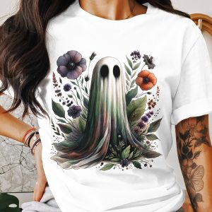 Floral Ghost T Shirt, Spooky Season Tee, Watercolor Flowers Graphic Top, Halloween Ghost Shirt, Trendy Ghost Design, Cute Ghost Graphic