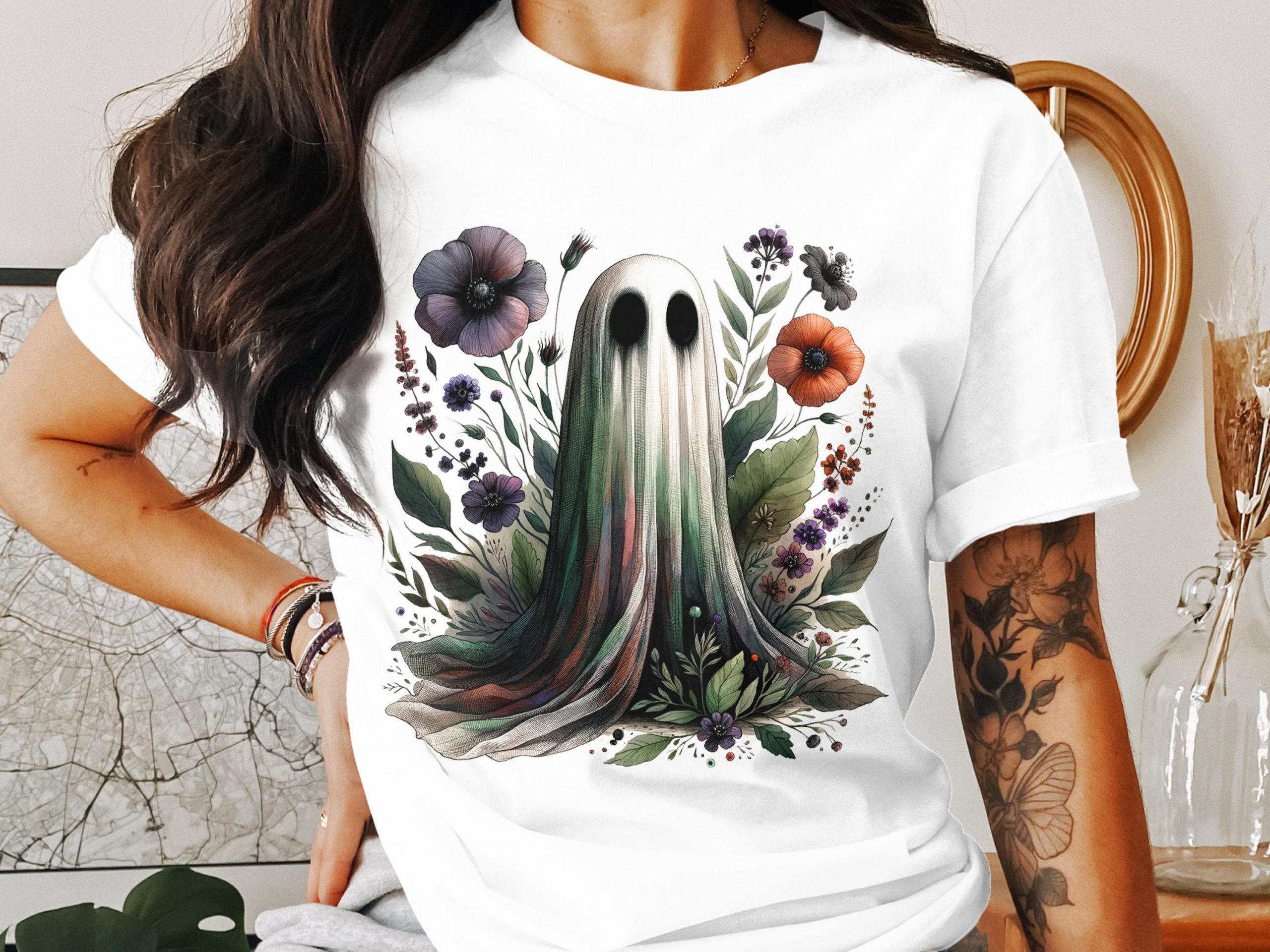 Floral Ghost T Shirt, Spooky Season Tee, Watercolor Flowers Graphic Top, Halloween Ghost Shirt, Trendy Ghost Design, Cute Ghost Graphic