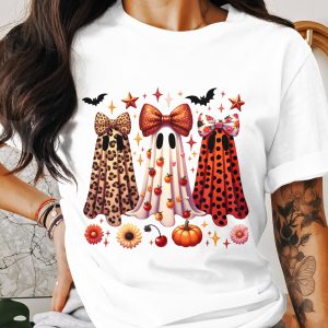 Halloween Ghosts T-Shirt, Spooky Season Apparel, Cute Ghost Design, Leopard Print Ghost, Bow T-Shirt, Trendy Halloween Shirt